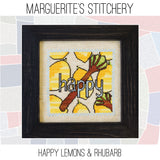 cross stitch design featuring the word Happy with lemons and stalks of rhubarb in the background