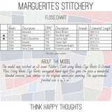 a list of Weeks Dye Works or DMC floss needed to complete the Think Happy Thoughts cross stitch chart