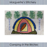 cross stitch of domed tent with a background of birch trees
