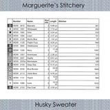 a list of Weeks Dye Works 6-strand floss needed to complete the Husky Sweater cross stitch chart