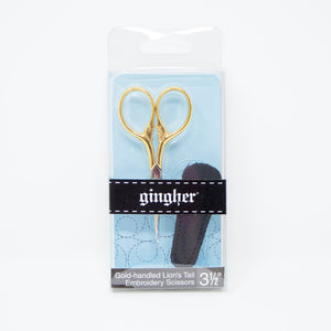 Gold-handled lion's tail embroidery scissors by Gingher