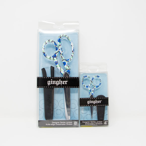 Gingher scissors with decorative handles featuring blue flowers