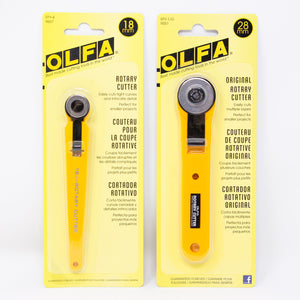 two sizes of Olfa rotary cutters - 18mm and 28 mm