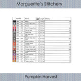 a list of DMC 6-strand floss needed to complete the Pumpkin Harvest cross stitch chart