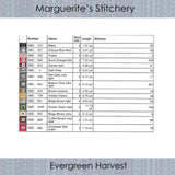 a list of DMC floss needed to complete the Evergreen Harvest cross stich chart