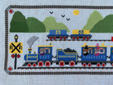 a closer view of part of The Blue Train Line cross stitch design showing the left side