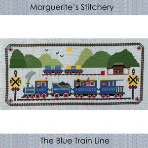 cross stitch design featuring a blue train with rabbit figures with a range of green mountains in the background