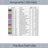 a list of DMC 6-strand floss needed to complete The Blue Train Line cross stitch chart