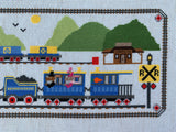 a closer view of part of The Blue Train Line cross stitch design showing the right side